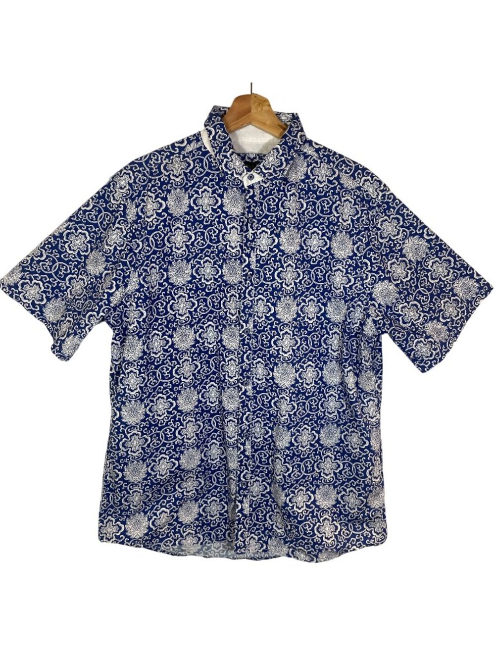 Rock Roll-n-Soul Button Up Mandala Print Shirt Men XL Blue Short Sleeve Hipster
